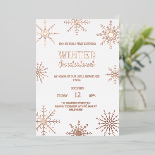 Hiver Rose Gold onederland Invitation Feuille de m (Debout devant)