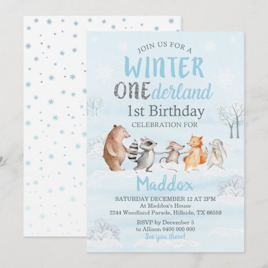 Hiver Woodland 1er anniversaire Invitation hiver (Devant / Derrière)