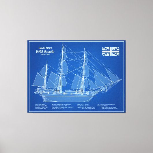 HMS Beagle Tall Ship - Scheepsblauwdruk ABD Canvas Afdruk (Voorkant)