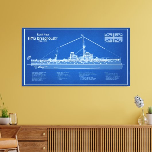 HMS Dreadnought - Scheepsblauwdruk ABD Canvas Afdruk (Insitu (Woonkamer))