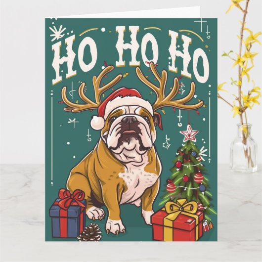 Ho Ho Engelse Bulldog Kerst Kaart (Gele Bloem)