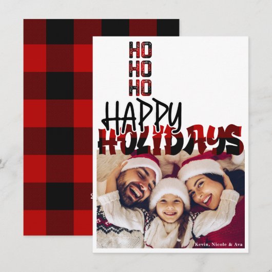 HO HO Grunge Plaid - Carte photo de Noël (Devant / Derrière)
