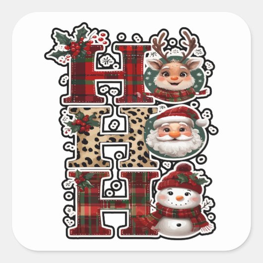 Ho Ho Ho Characters Festive Lettering Vierkante Sticker (Voorkant)