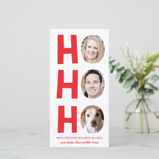 Ho Ho Ho Drie foto Skinny Holiday Kaart rood wit (Staand voorkant)