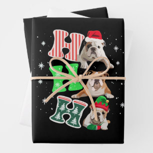 Ho Ho Ho Engelse Bulldog Kerstman Rendier Kerstmis Inpakpapier Vel