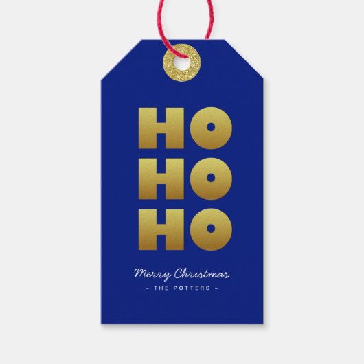 Ho Ho Ho | Fun Christmas Blue & Gold Cadeaulabel (Voorkant)