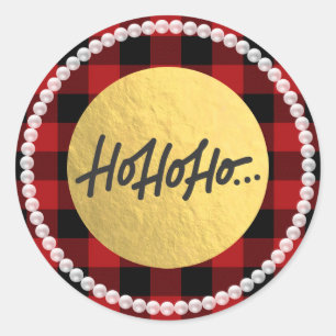 HO HO HO Kerst Parels Buffalo Plaid Goud Folie Ronde Sticker