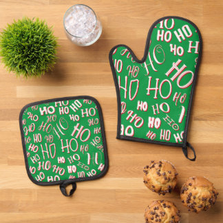HO HO HO Kerst tekst patroon wit groen rood Ovenwant & Pannenlap Set