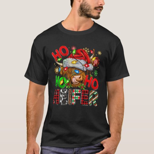 Ho Ho Ho Schattige Hoogland Koe Kerstmis Santa Hat T-shirt (Voorkant)