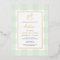 Hobbelpaard Mint Gingham Doop Folie Uitnodiging