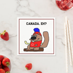 Hockey Beaver Cartoon in Red Maple Leaf Shirt Servet