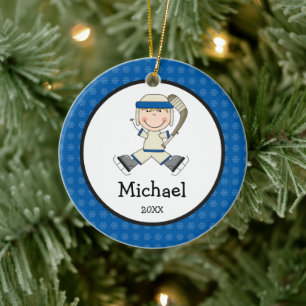 Hockey Boy Blonde Kinder Persoonlijke Kerstmis Keramisch Ornament