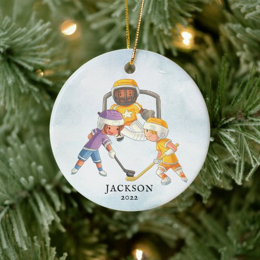 Hockey Boy Persoonlijke Kerstmis Keramisch Ornament (Boom)