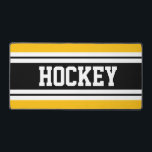 HOCKEY Bright Jaune Noir Blanc Rayures de course<br><div class="desc">Cette conception ludique et sportive présente un TEXTE HOCKEY audacieux à l'intérieur de bandes de course centre noir et blanc contre bandes extérieures jaune vif. Les couleurs et le texte de ce design peuvent être personnalisés.</div>