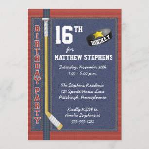 Hockey Denim Bricks Rustic Sports Birthday Party Kaart