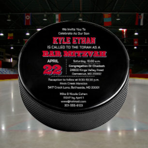Hockey Puck Rood Wit en Blauw Bar Mitswa Kaart