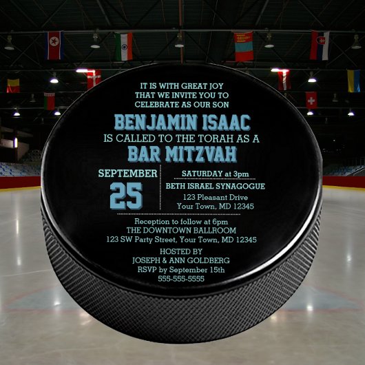 Hockey Puck Round Blue Bar Mitzvah Invitation