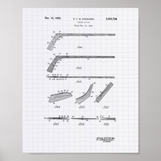 Hockey Stick 1935 Patent Art - Lined Peper Poster (Voorkant)