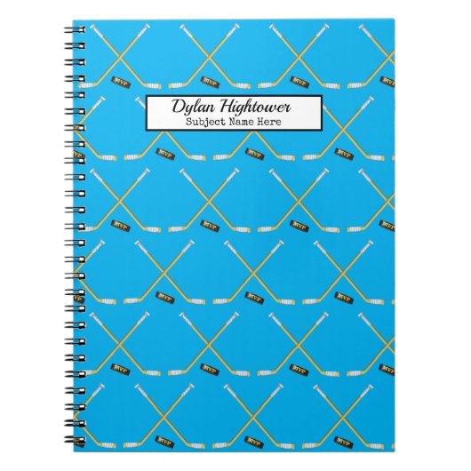 Hockey Sticks |MVP Puck Pattern Sky Blue Name Notitieboek (Voorkant)