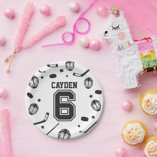 Hockey zwart en wit 6e verjaardag papieren bordje (Feest)
