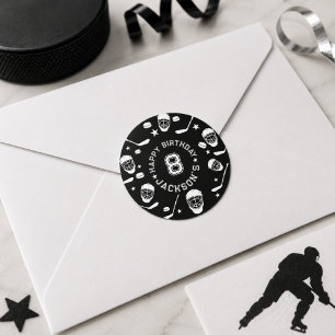Hockey zwart-wit thema kinderverjaardagsfeestje ronde sticker