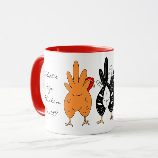 Hoe gaat het met Chicken Butt? | Funny Humor Mok (Voorkant links)