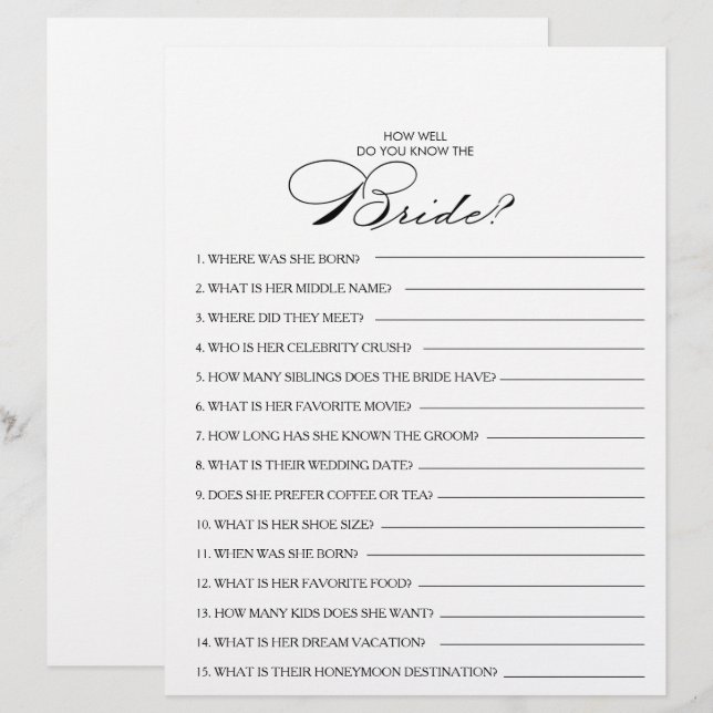 Hoe goed ken je het Bride Vrijgezellenfeest Game? (Voorkant / Achterkant)