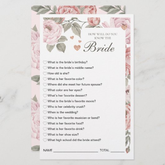 Hoe goed ken je het Bride Vrijgezellenfeest Game? (Voorkant / Achterkant)