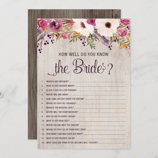 Hoe goed ken je het Bride Vrijgezellenfeest Game? Kaart (Voorkant / Achterkant)