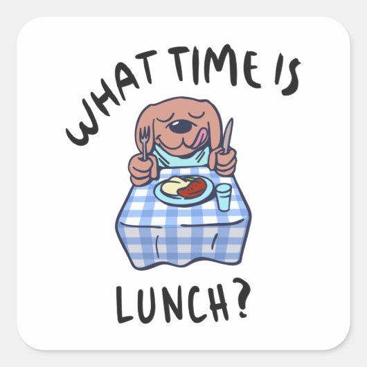 Hoe laat is de lunch? vierkante sticker (Voorkant)