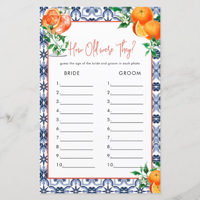 Hoe oud? Aperol Spritz Vrijgezellenfeest spel (Voorkant)