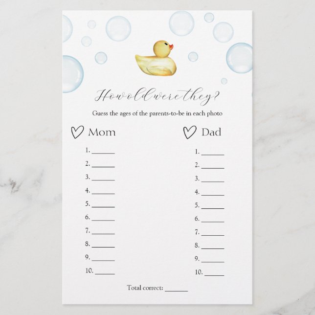 Hoe oud waren ze Rubber Duck Baby shower spel (Voorkant)