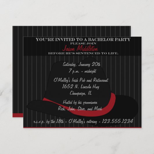 Hoed en strepen vrijgezellenfeest kaart (Voorkant / Achterkant)