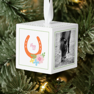 Hoefijzer Bloemen NAAM Paard FOTO'S Keepsake Kubus Ornament