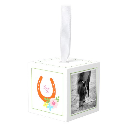 Hoefijzer Bloemen NAAM Paard FOTO'S Keepsake Kubus Ornament (Voorkant hoekig)