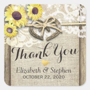 Hoefijzer Burlap Lace Sunflower Weddenschap Bedank Vierkante Sticker
