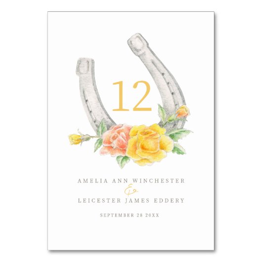 Hoefijzer en geel koraal rozen monogram kaart (Voorkant)