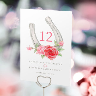 Hoefijzer en roze rode rozen monogram kaart