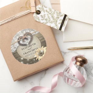 Hoefijzer Heart Lace Sunflower Wood Weddenschap Ronde Sticker