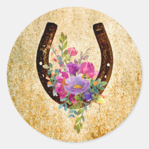 Hoefijzer Rustische Waterverf Floral Good Luck Ronde Sticker