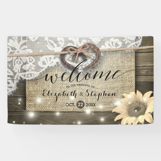 Hoefijzers Burlap Lace Sunflower Weddenschap Spandoek (Horizontaal)
