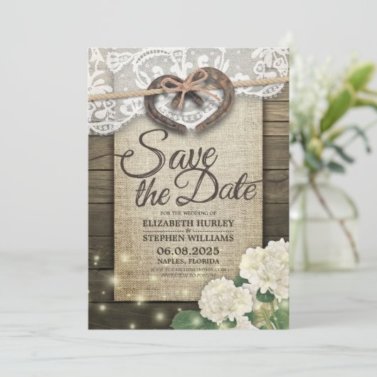 Hoefijzers Hydrangea Country Weddenschap Save the  Date (Staand voorkant)