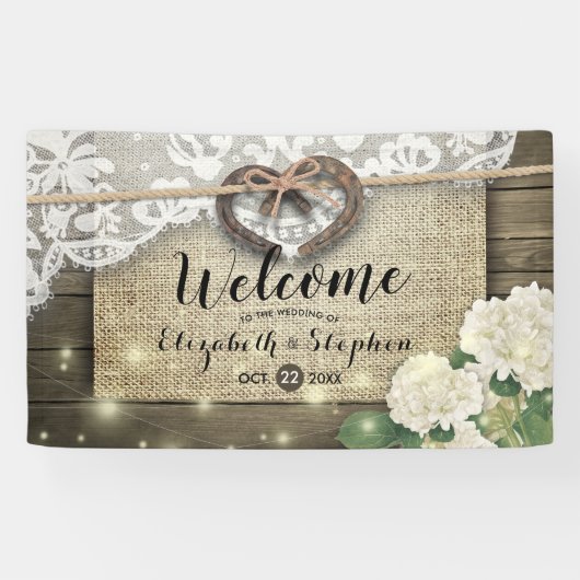 Hoefijzers Hydrangea Rustic Wood Weddenschap Welko Spandoek (Horizontaal)