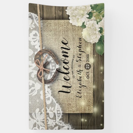 Hoefijzers Hydrangea Rustic Wood Weddenschap Welko Spandoek (Verticaal)