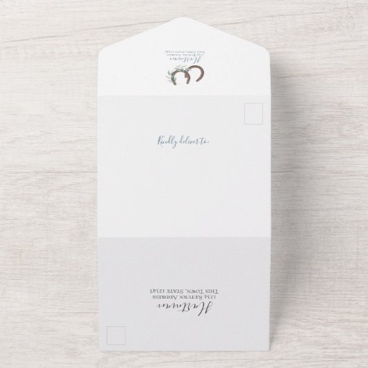Hoefijzers Monogram Elegante Botanische bruiloft A All In One Uitnodiging (Buitenkant)