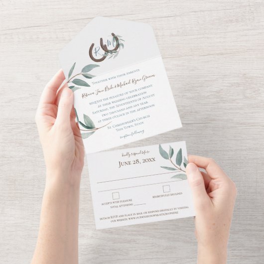 Hoefijzers Monogram Elegante Botanische bruiloft A All In One Uitnodiging (Afscheurbaar)