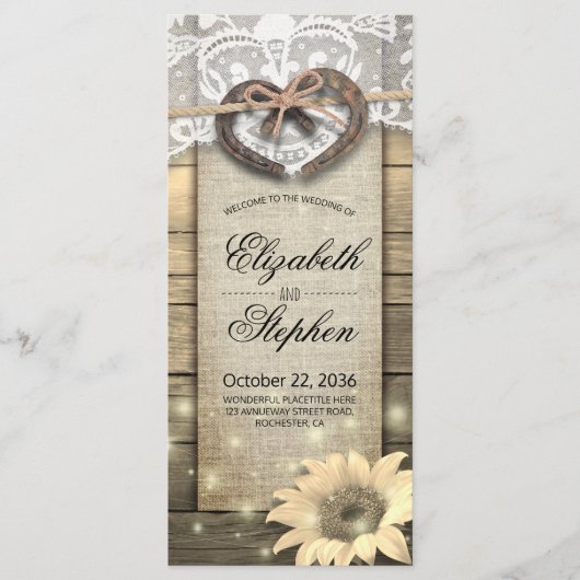 Hoefijzers Zonnebloem Hout Landbruiloftsprogramma' Programma (Voorkant)