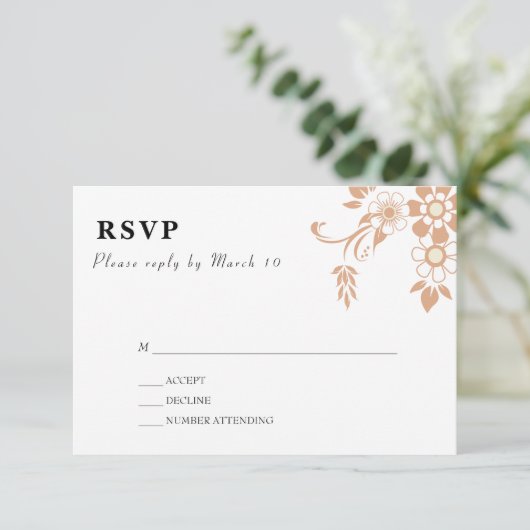 Hoek Bloem Motiff Bruiloft RSVP Kaartje (Staand voorkant)