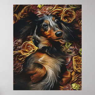 Hoekportret van Dachshund dat op het veld ligt Poster