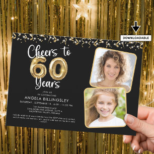 Hoera voor 60 Years 2 Photo Script Balloon Confett Kaart